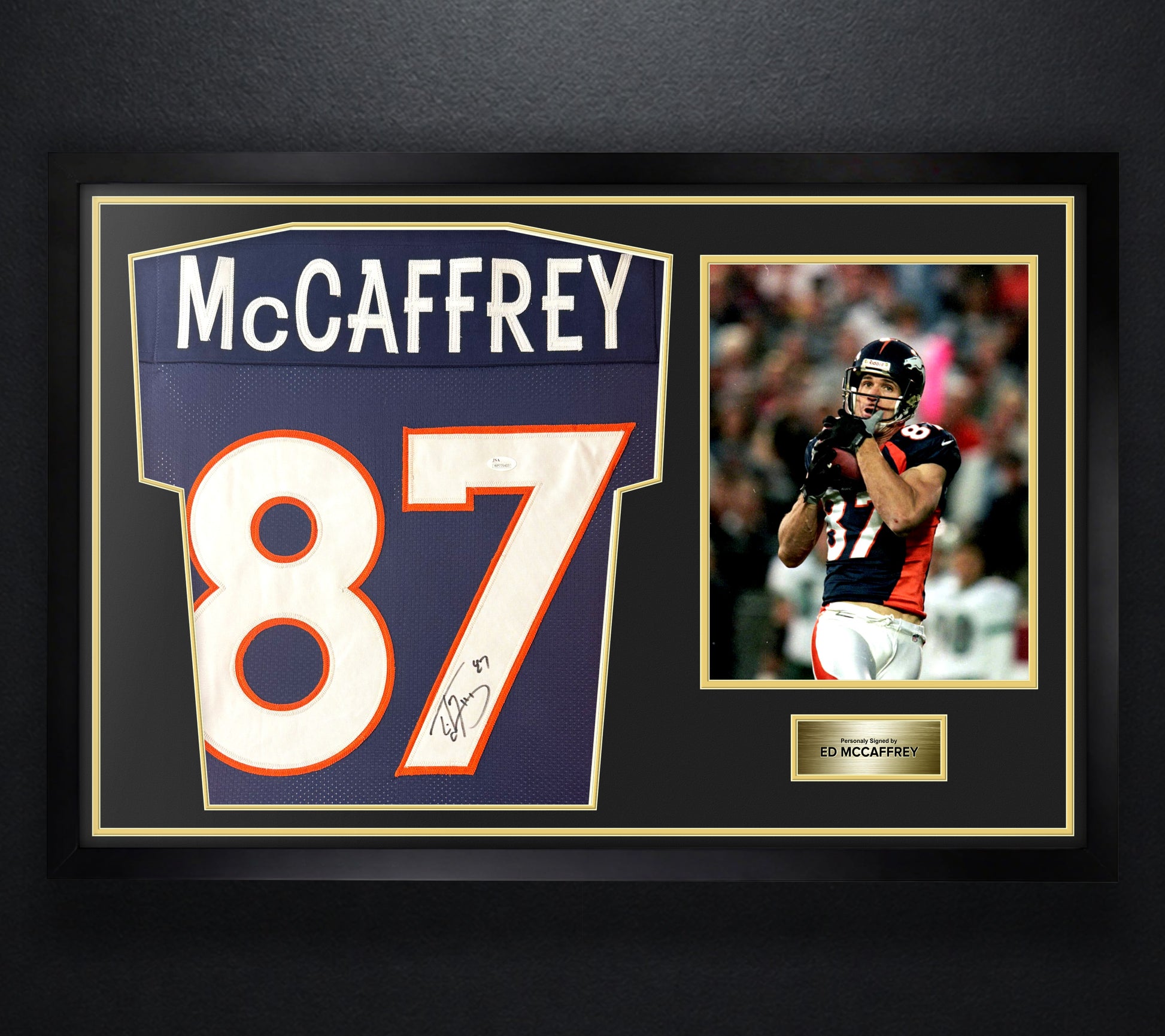 Ed McCaffrey Signed Denver Broncos Jersey Framed JSA COA - Photo of frame