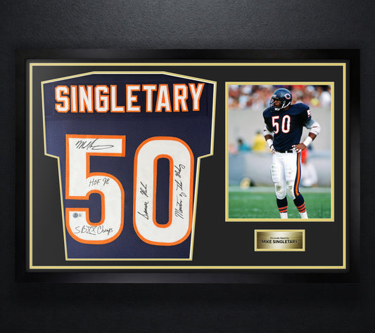 Mike Singletary Signed Chicago Bears Jersey Framed Beckett COA INSCRIBED - Photo of frame