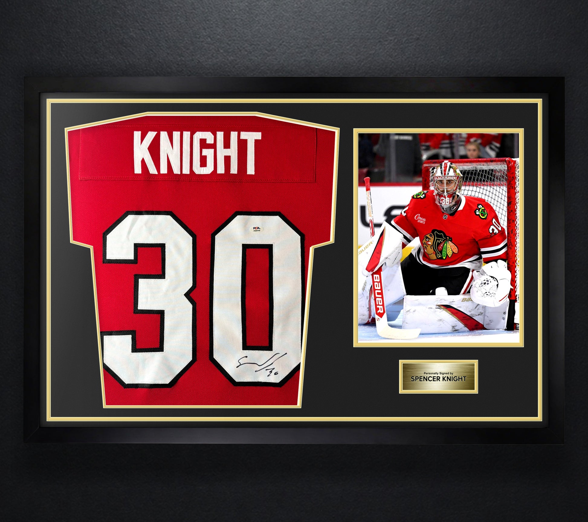 Spencer Knight Signed Chicago Blackhawks Jersey Framed PSA COA - Photo of frame