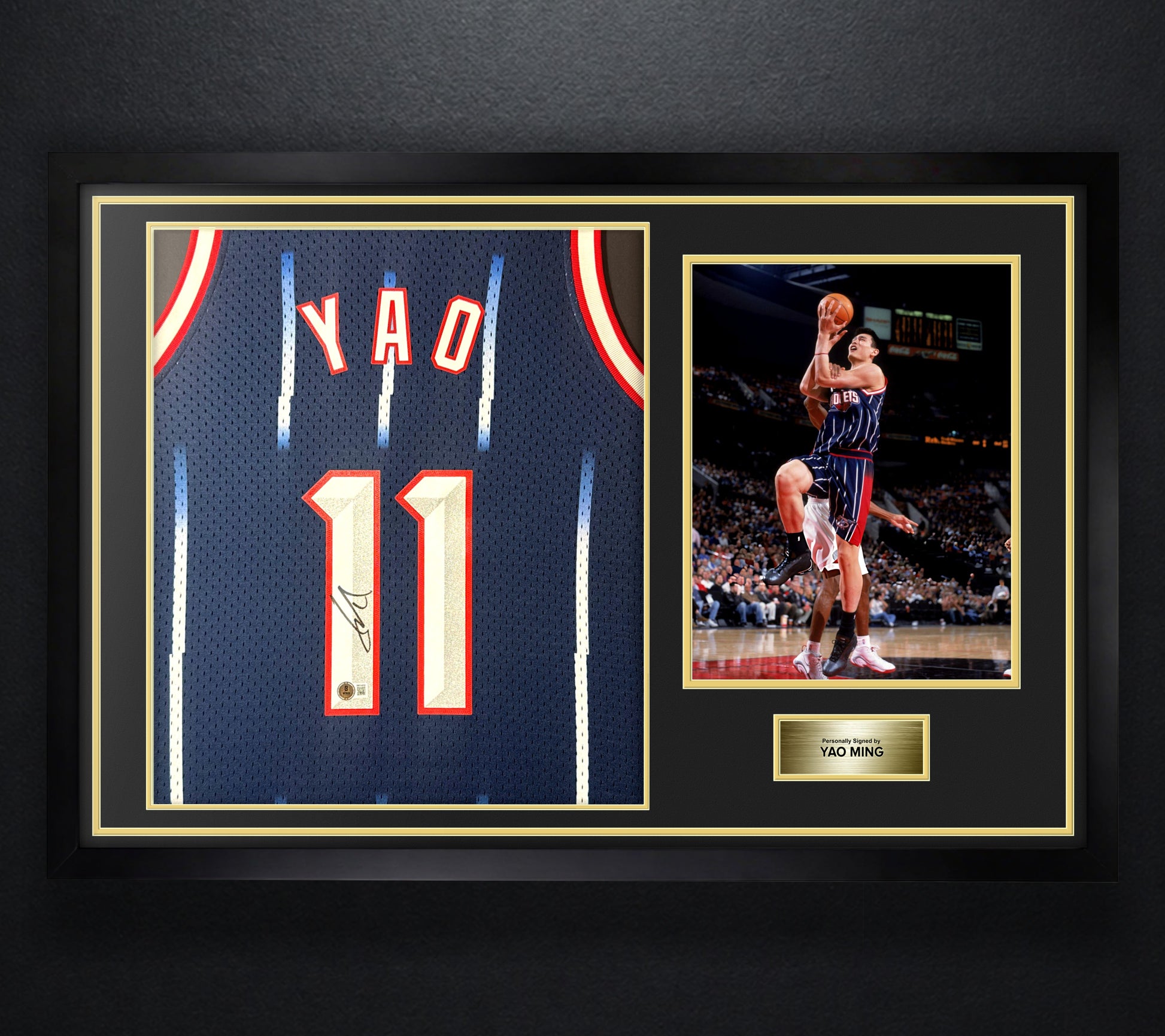 Yao Ming Signed Houston Rockets Mitchell & Ness Jersey Framed Beckett COA - Photo of frame