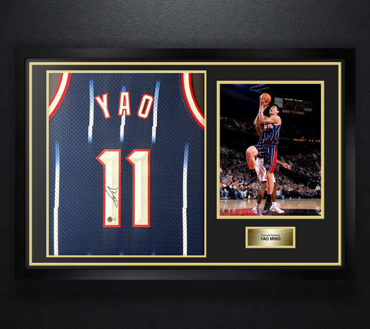 Yao Ming Signed Houston Rockets Mitchell & Ness Jersey Framed Beckett COA - Photo of frame