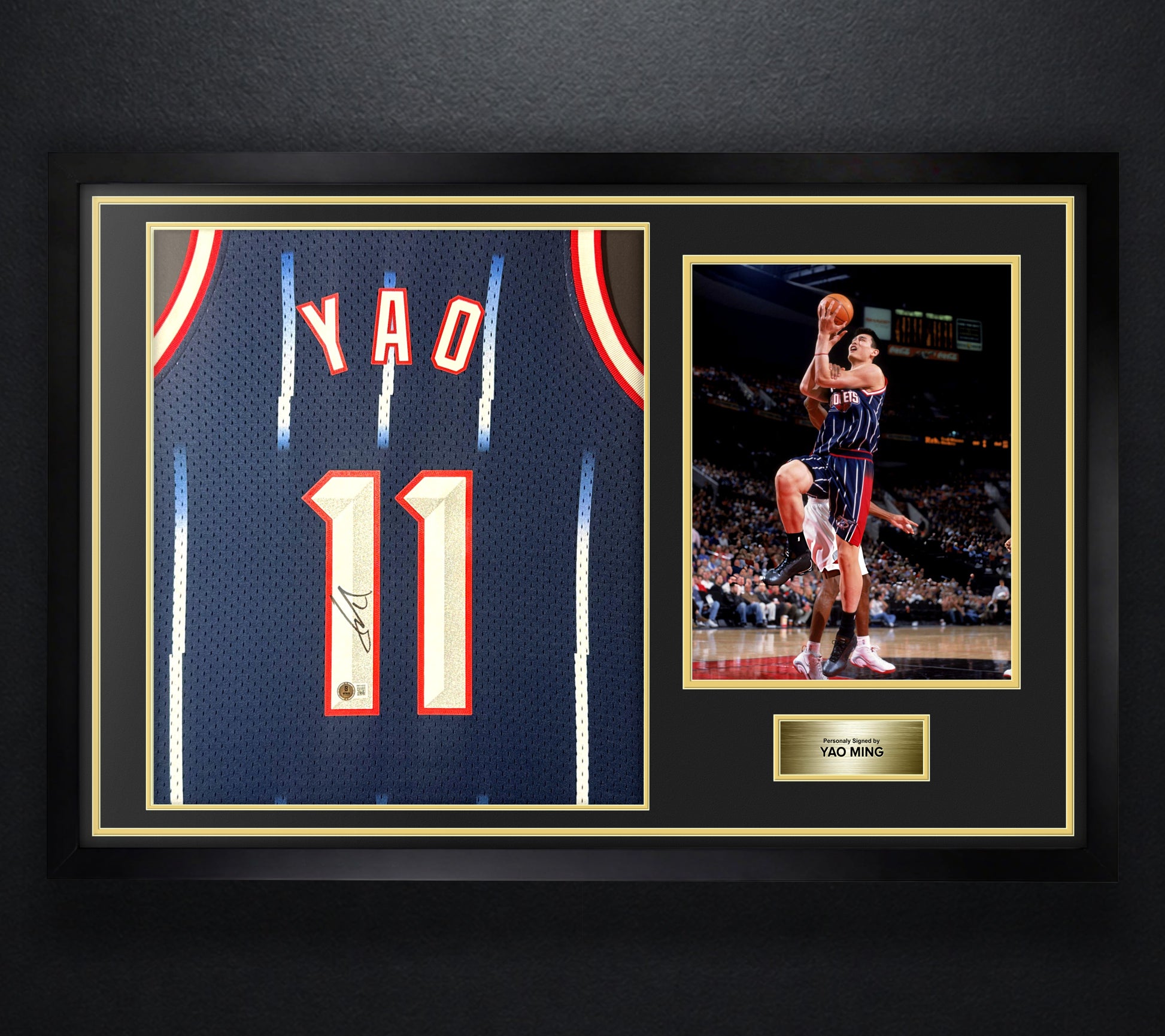 Yao Ming Signed Houston Rockets Mitchell & Ness Jersey Framed Beckett COA - Photo of frame