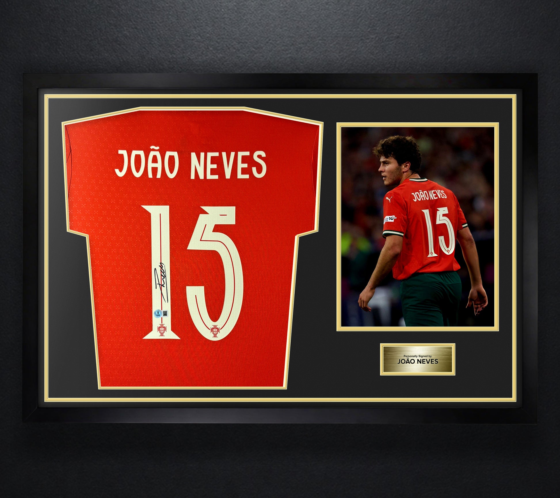 Joao Neves Signed Portugal Puma Jersey Framed Beckett COA - Photo of frame