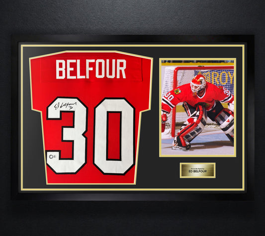Ed Belfour Signed Chicago Blackhawks Jersey Framed Schwartz COA - Photo of frame