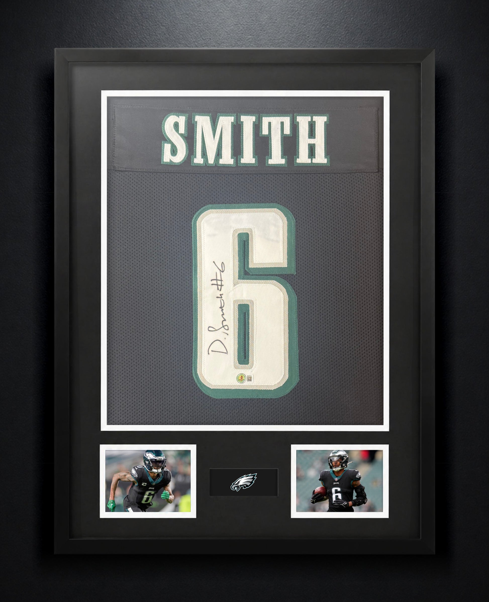DeVonta Smith Signed Philadelphia Eagles Jersey Framed Beckett COA - Photo of frame