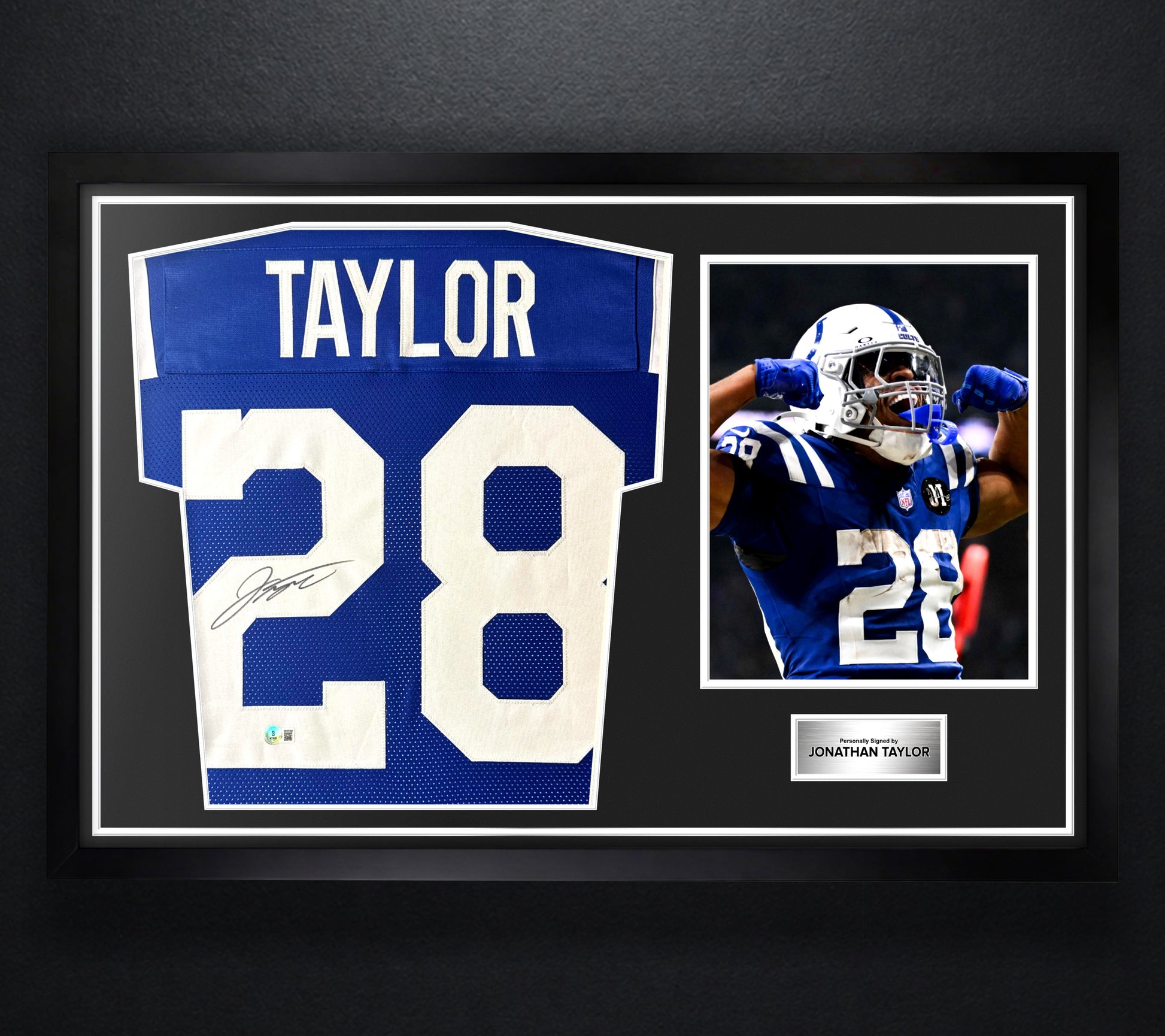 Jonathan Taylor Signed Indianapolis Colts Jersey Framed Beckett COA - Photo of frame
