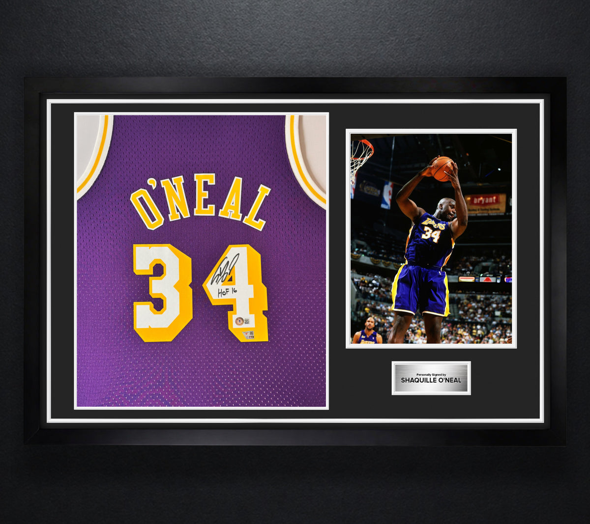 Shaquille O'Neal Signed Los Angeles Lakers Mitchell & Ness Jersey Framed Beckett & Fanatics COA INSCRIBED - Photo of frame