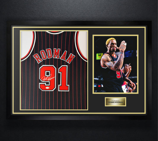 Dennis Rodman Signed Chicago Bulls Mitchell & Ness Jersey Framed JSA COA - Photo of frame