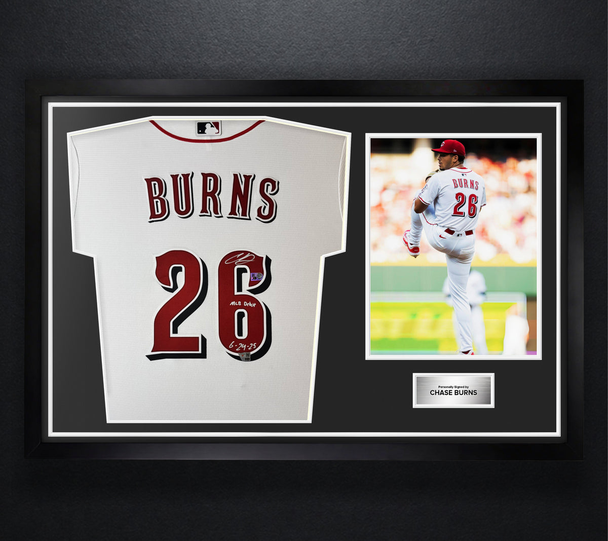 Chase Burns Signed Cincinnati Reds Nike Jersey Framed MLB & Fanatics COA INSCRIBED - Photo of frame