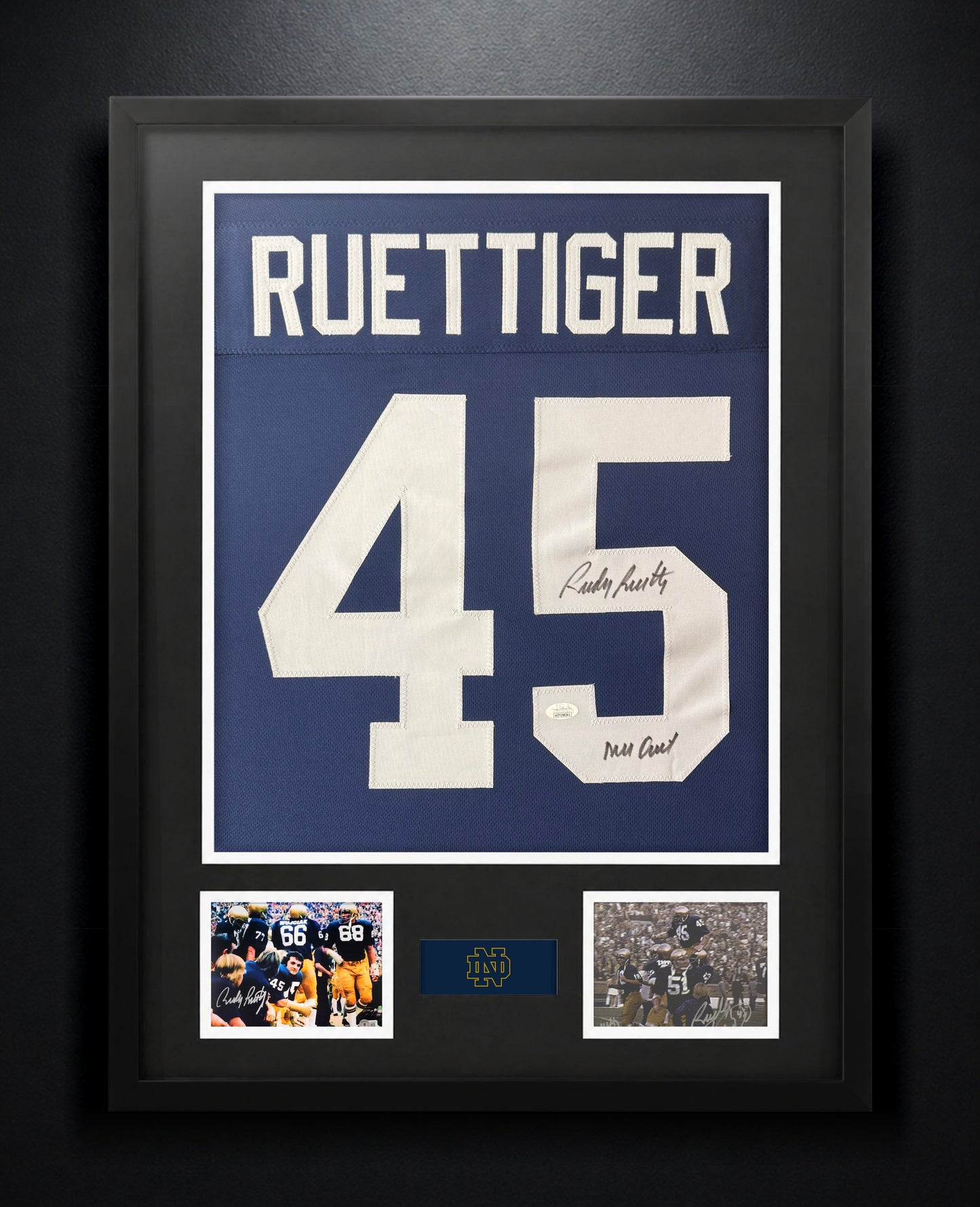 Rudy Ruettiger Signed Notre Dame Fighting Irish Jersey Framed JSA COA INSCRIBED - Photo of frame