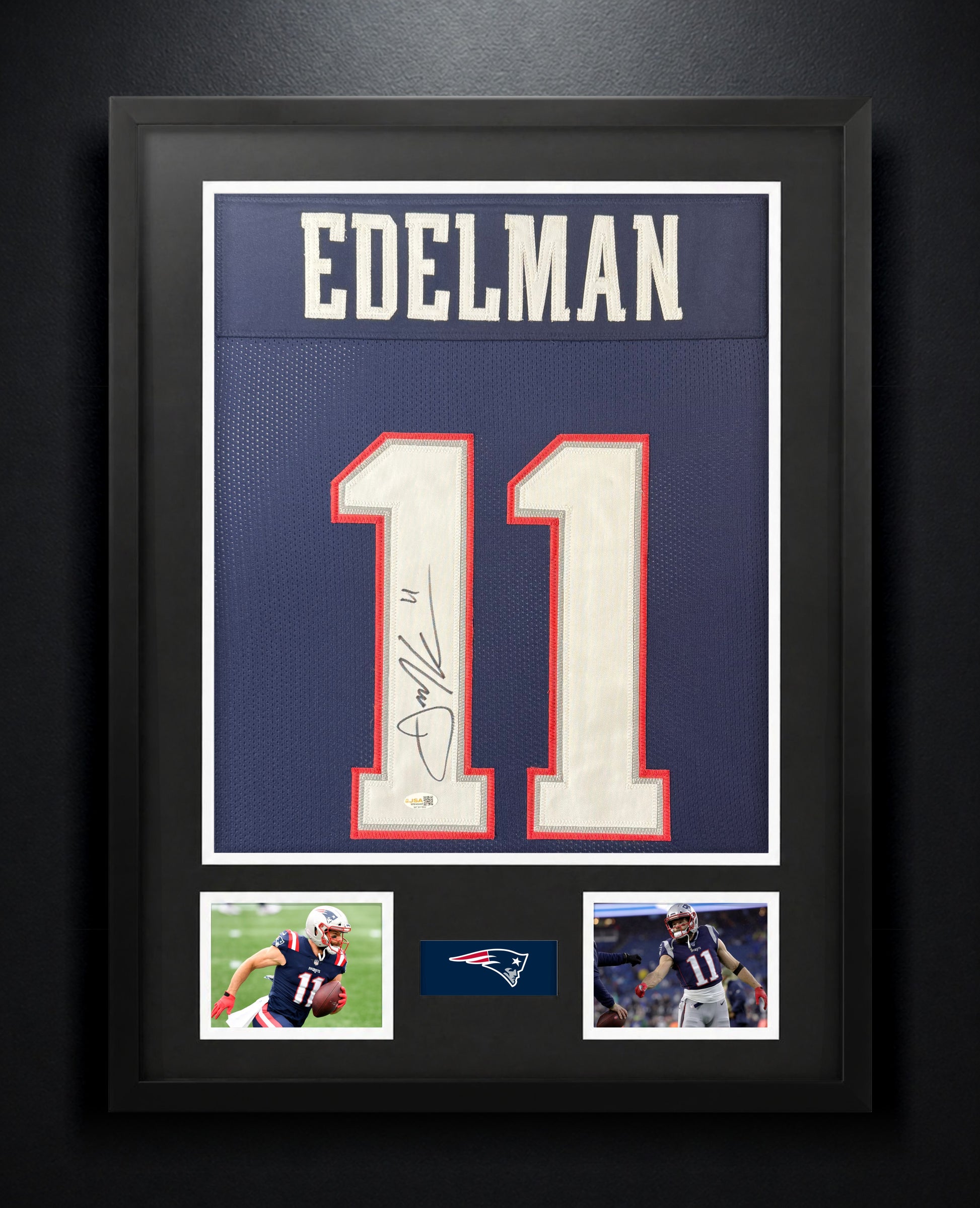 Julian Edelman Signed New England Patriots Jersey Framed JSA COA - Photo of frame