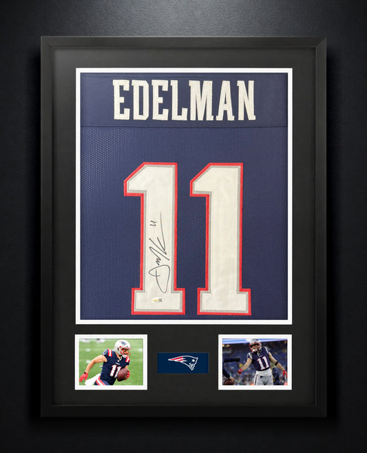 Julian Edelman Signed New England Patriots Jersey Framed JSA COA - Photo of frame