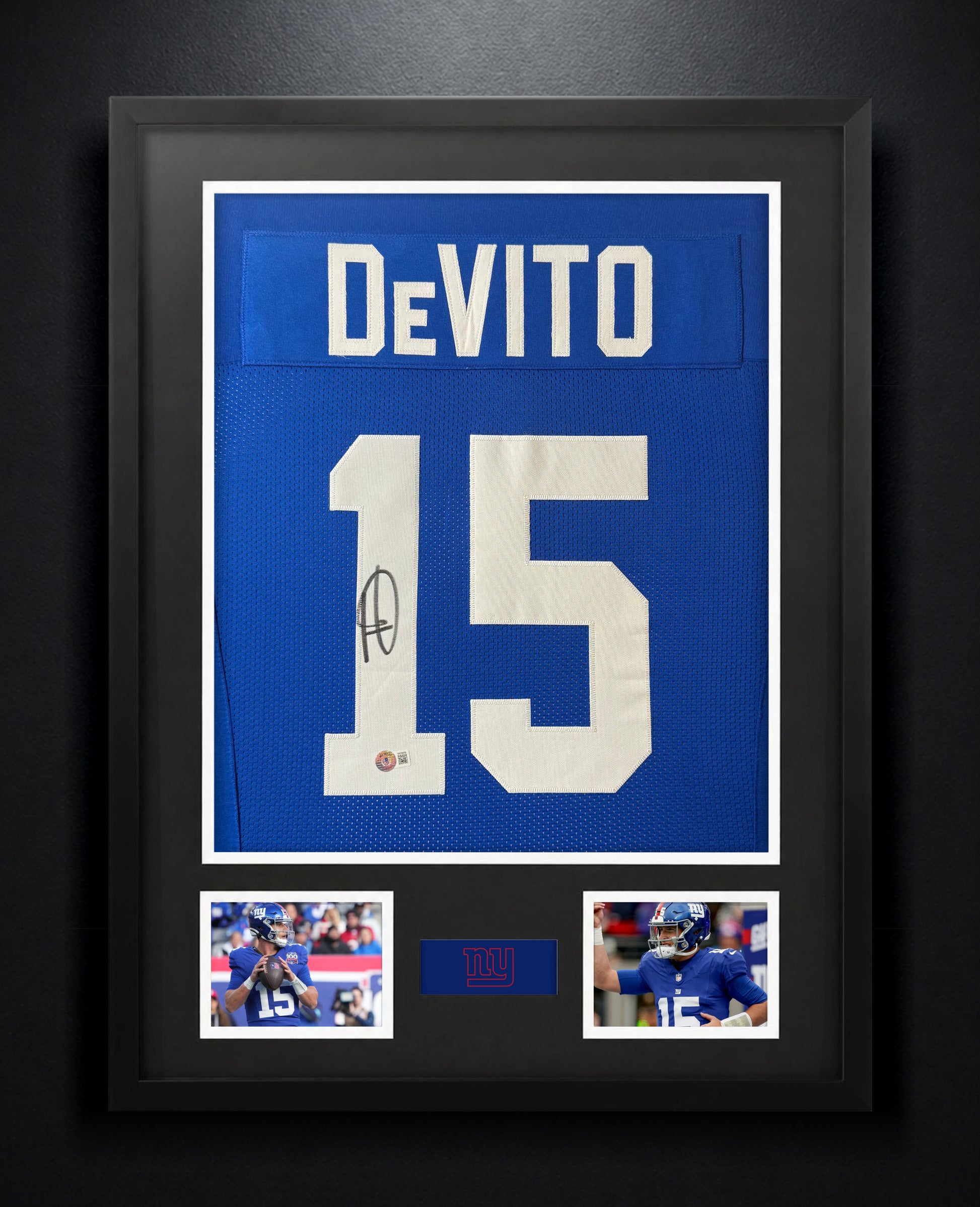 Tommy Devito Signed New York Giants Jersey Framed Beckett COA - Photo of frame