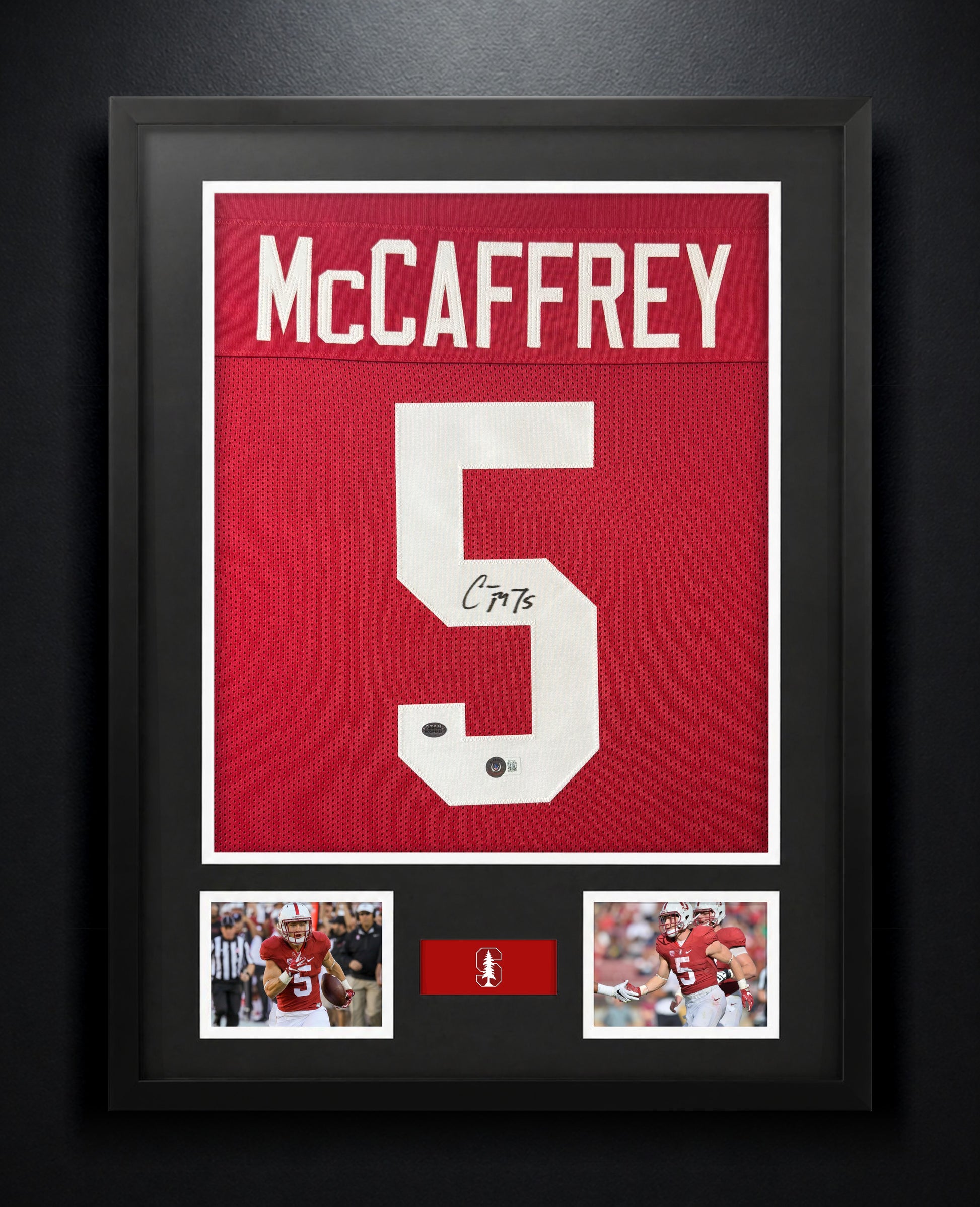 Christian McCaffrey Signed Stanford Cardinals Jersey Framed Beckett & McCaffrey Holograms COA - Photo of frame