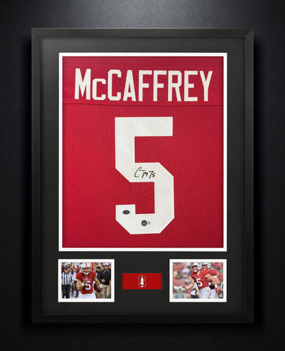 Christian McCaffrey Signed Stanford Cardinals Jersey Framed Beckett & McCaffrey Holograms COA - Photo of frame