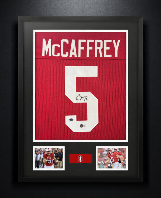 Christian McCaffrey Signed Stanford Cardinals Jersey Framed Beckett & McCaffrey Holograms COA - Photo of frame