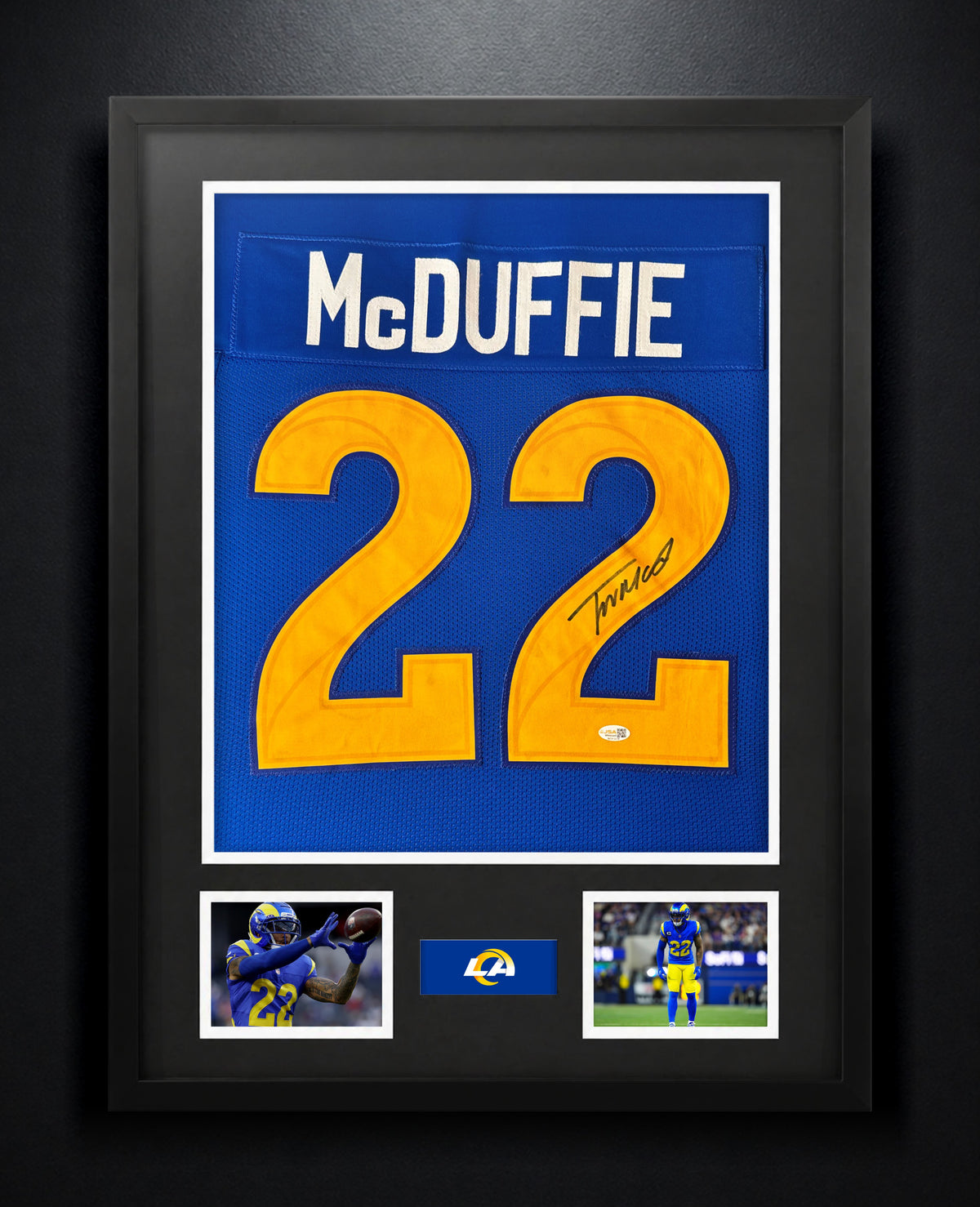 Trent McDuffie Signed Los Angeles Rams Jersey Framed JSA COA - Photo of frame