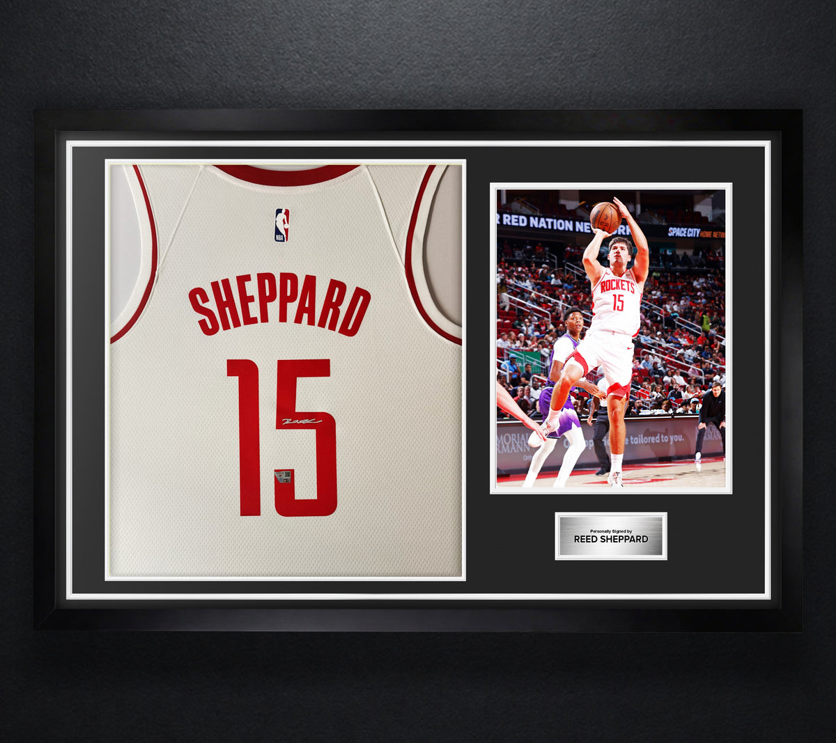Reed Sheppard Signed Houston Rockets Nike Jersey Framed Fanatics COA - Photo of frame