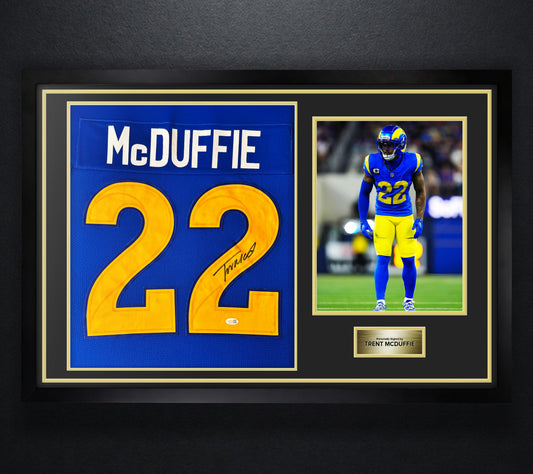 Trent McDuffie Signed Los Angeles Rams Jersey Framed JSA COA - Photo of frame