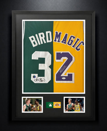 Larry Bird & Magic Johnson Signed Boston Celtics & Los Angeles Lakers Jersey Framed JSA & Larry Bird Holograms COA - Photo of frame