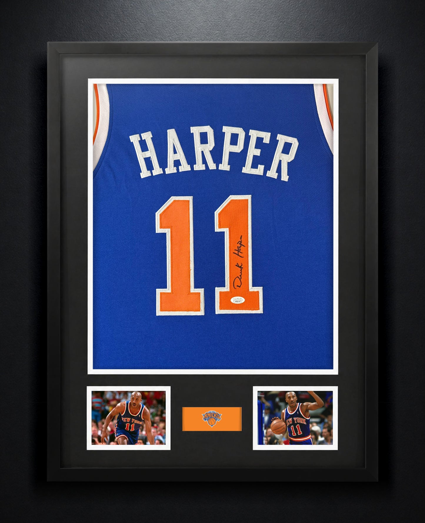Derek Harper Signed New York Knicks Jersey Framed JSA COA - Photo of frame