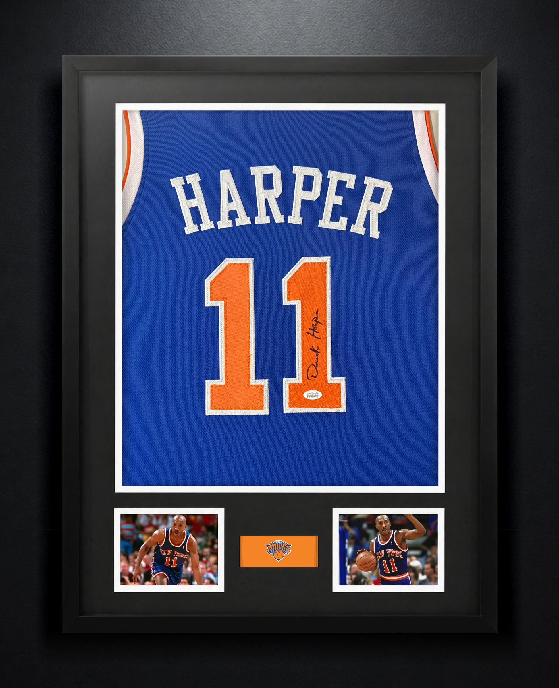 Derek Harper Signed New York Knicks Jersey Framed JSA COA - Photo of frame