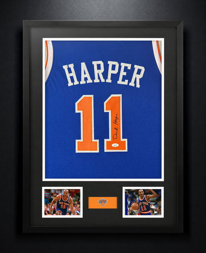 Derek Harper Signed New York Knicks Jersey Framed JSA COA - Photo of frame