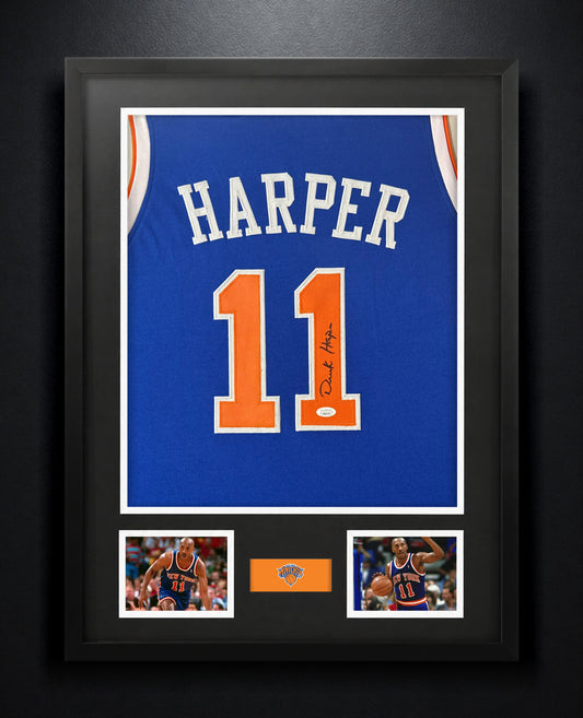 Derek Harper Signed New York Knicks Jersey Framed JSA COA - Photo of frame