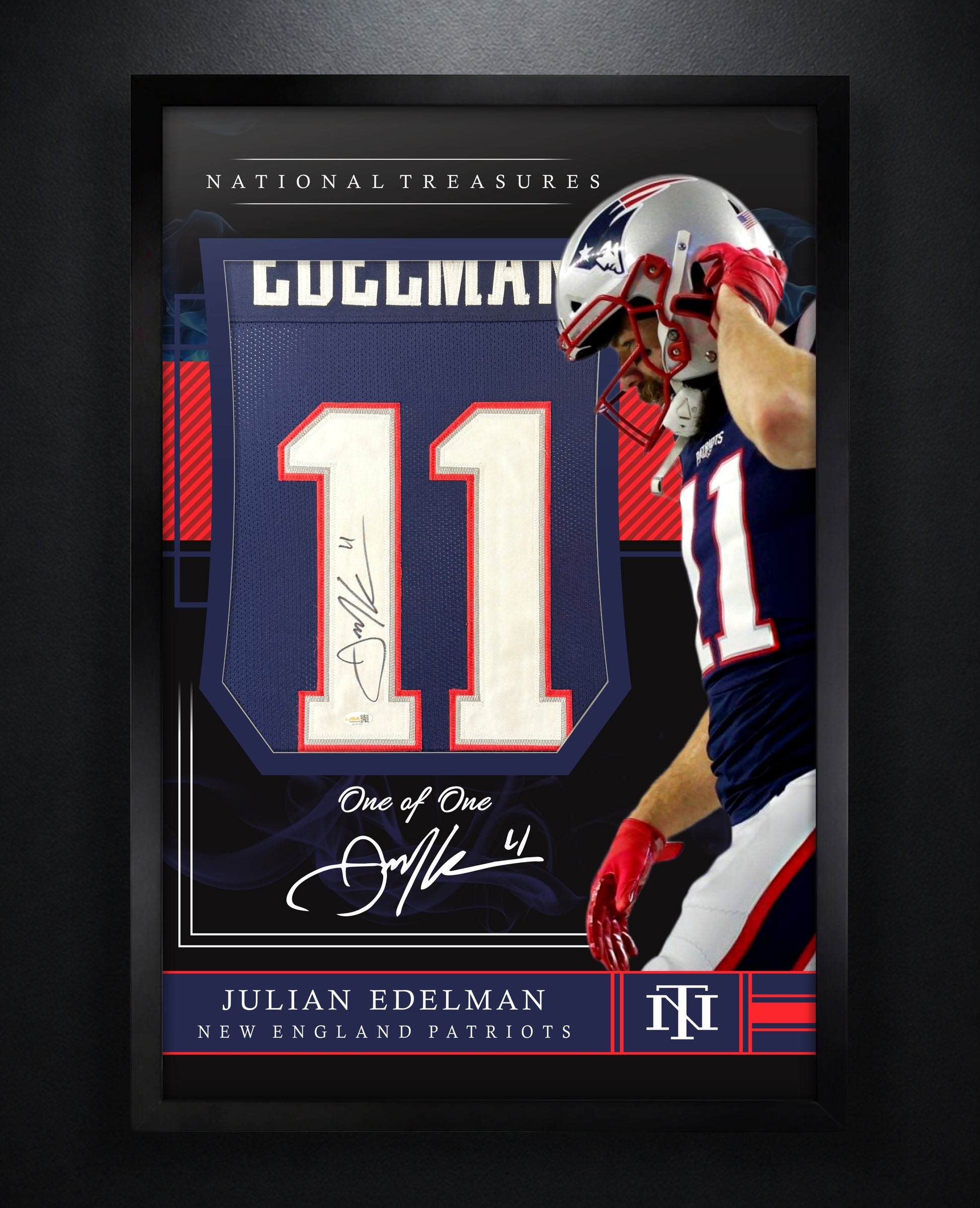 Julian Edelman Signed New England Patriots Jersey Framed JSA COA - Photo of frame