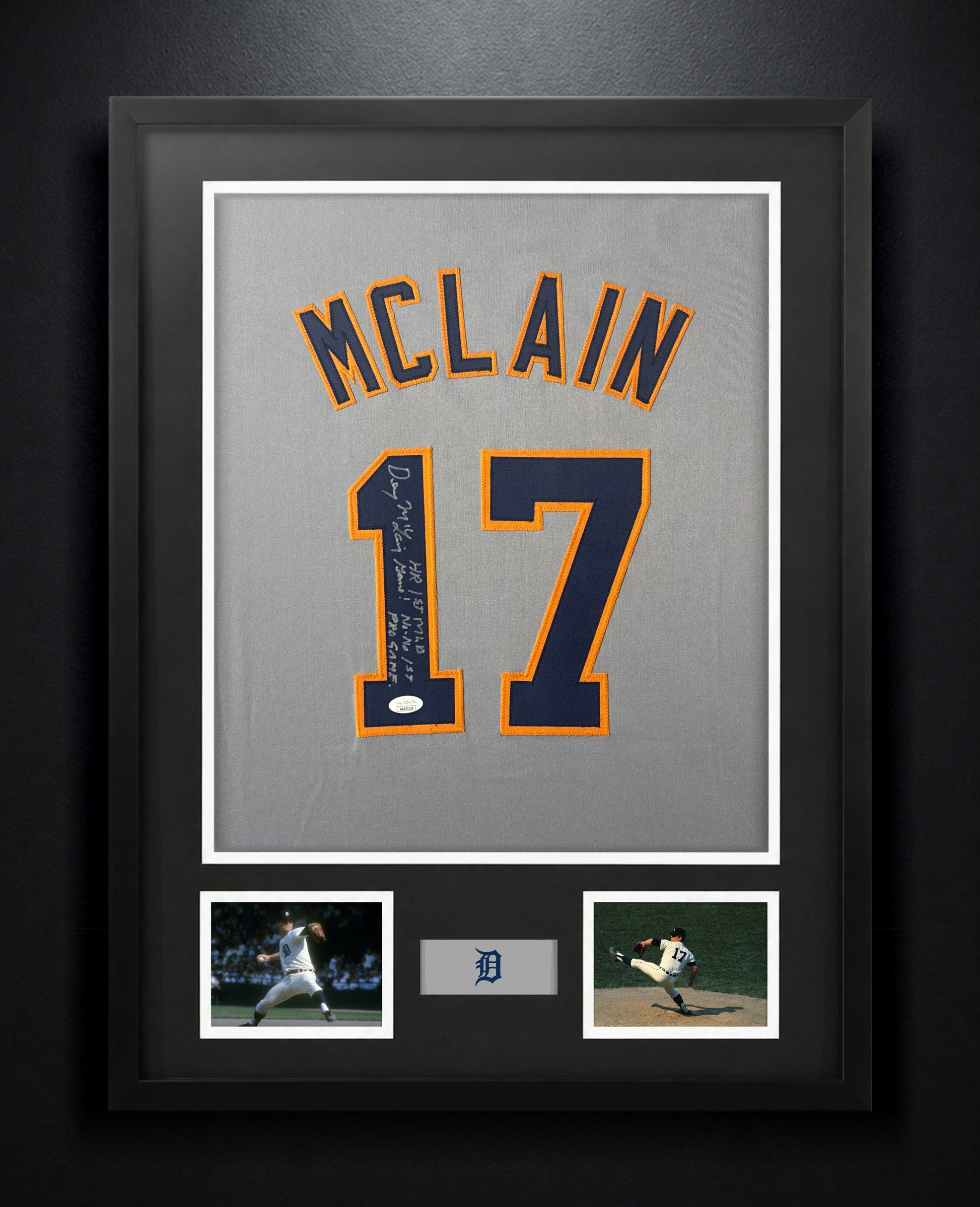 Denny McLain Signed Detriot Tiger Jersey Framed JSA COA INSCRIBED - Photo of frame