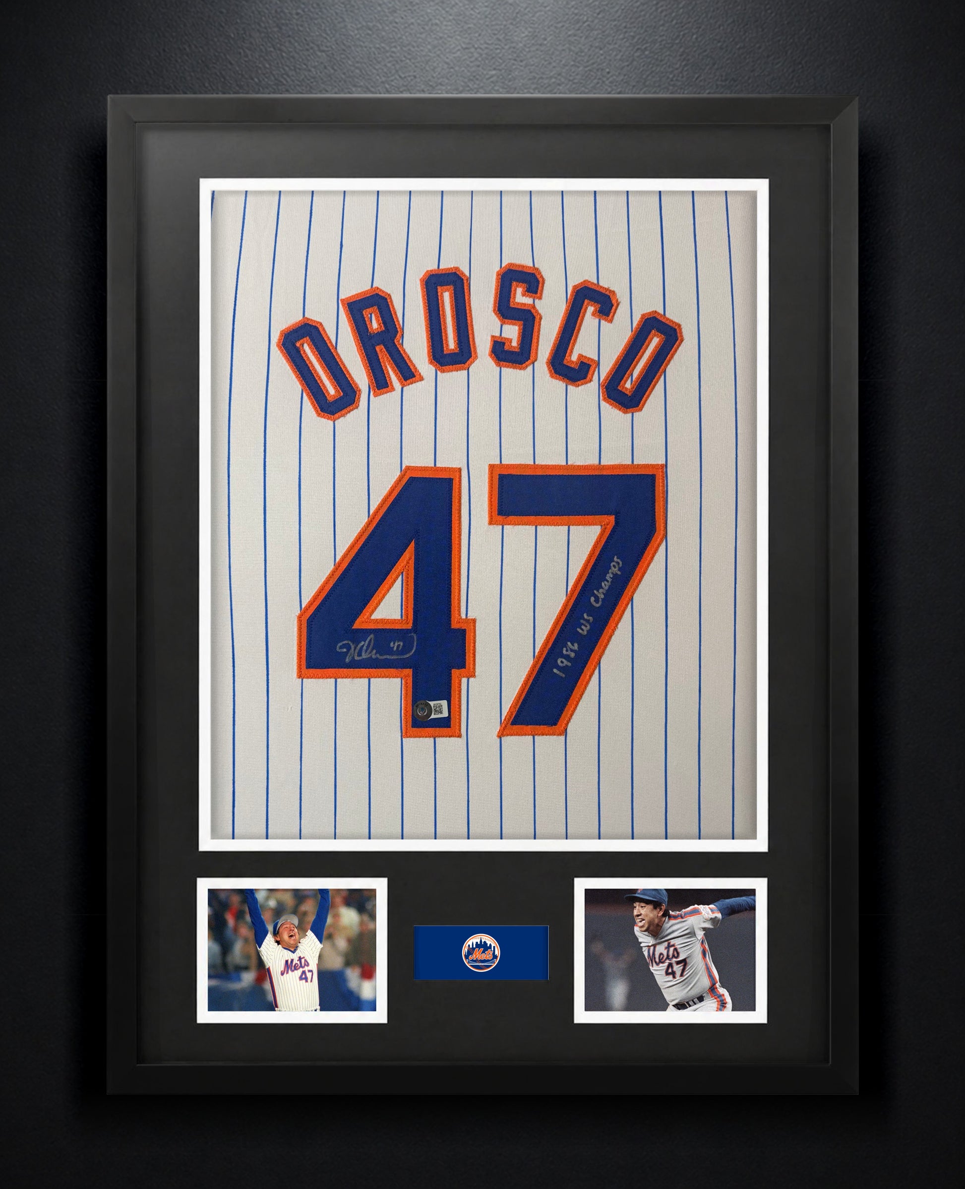 Jesse Orosco Signed New York Mets Jersey Framed Beckett COA INSCRIBED - Photo of frame
