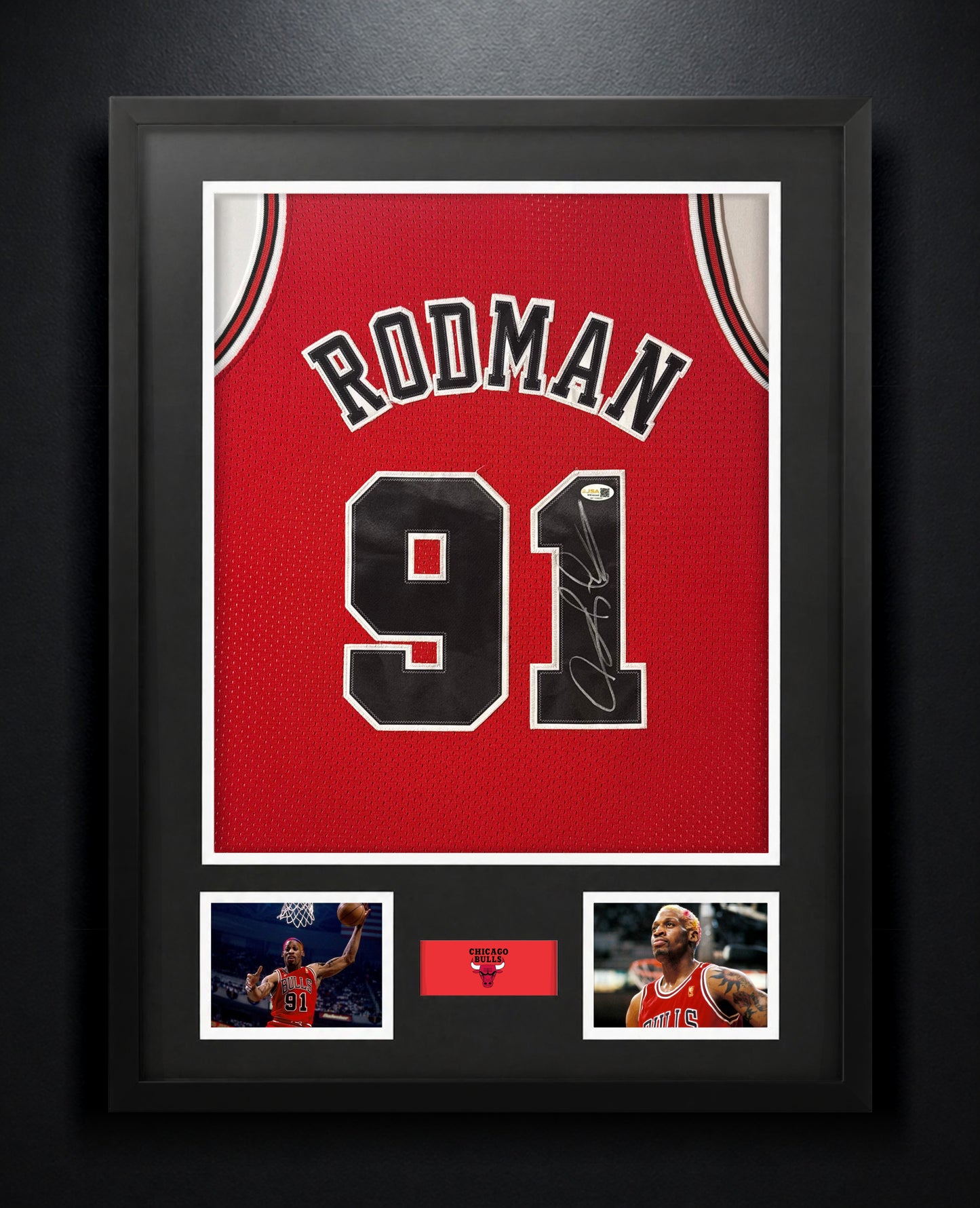 Dennis Rodman Signed Chicago Bulls Mitchell & Ness Jersey Framed JSA COA - Photo of frame