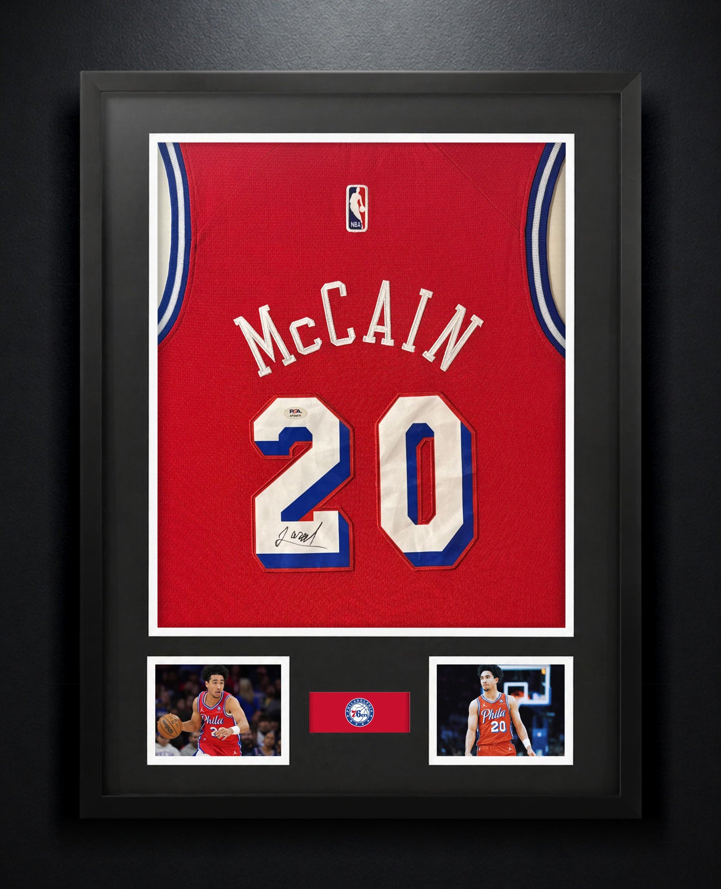 Jared McCain Signed Philadelphia 76ers Jersey Framed PSA COA - Photo of frame