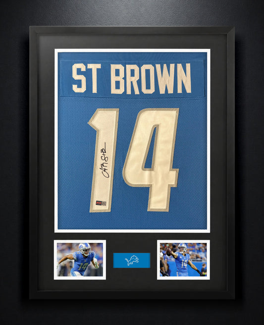 Amon-Ra St. Brown Signed Detroit Lions Jersey Framed PIA COA - Photo of frame