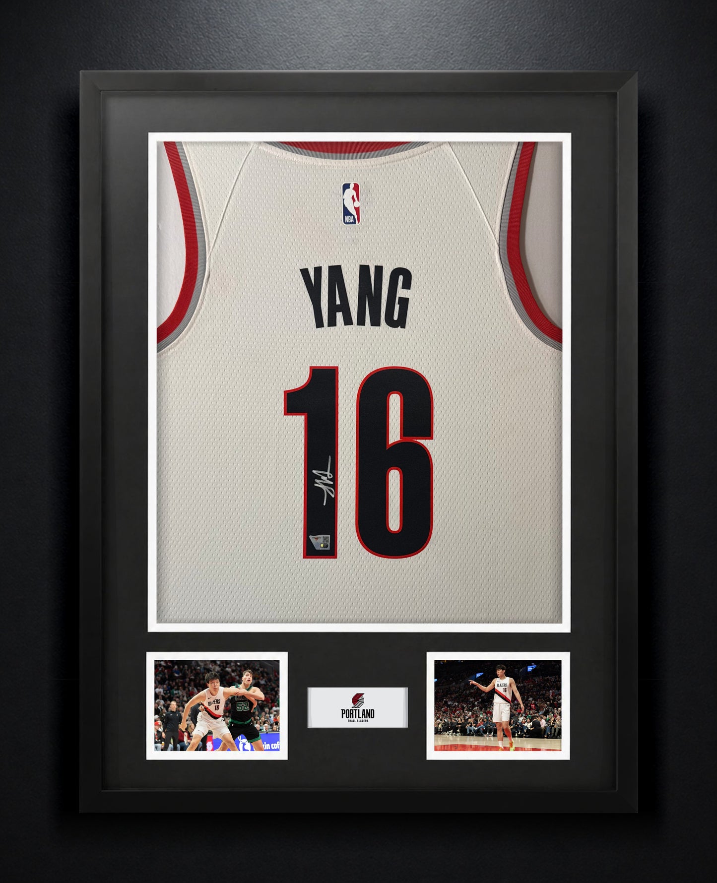 Yang Hansen Signed Portland Trail Blazers Mitchell & Ness Jersey Framed Fanatics COA - Photo of frame