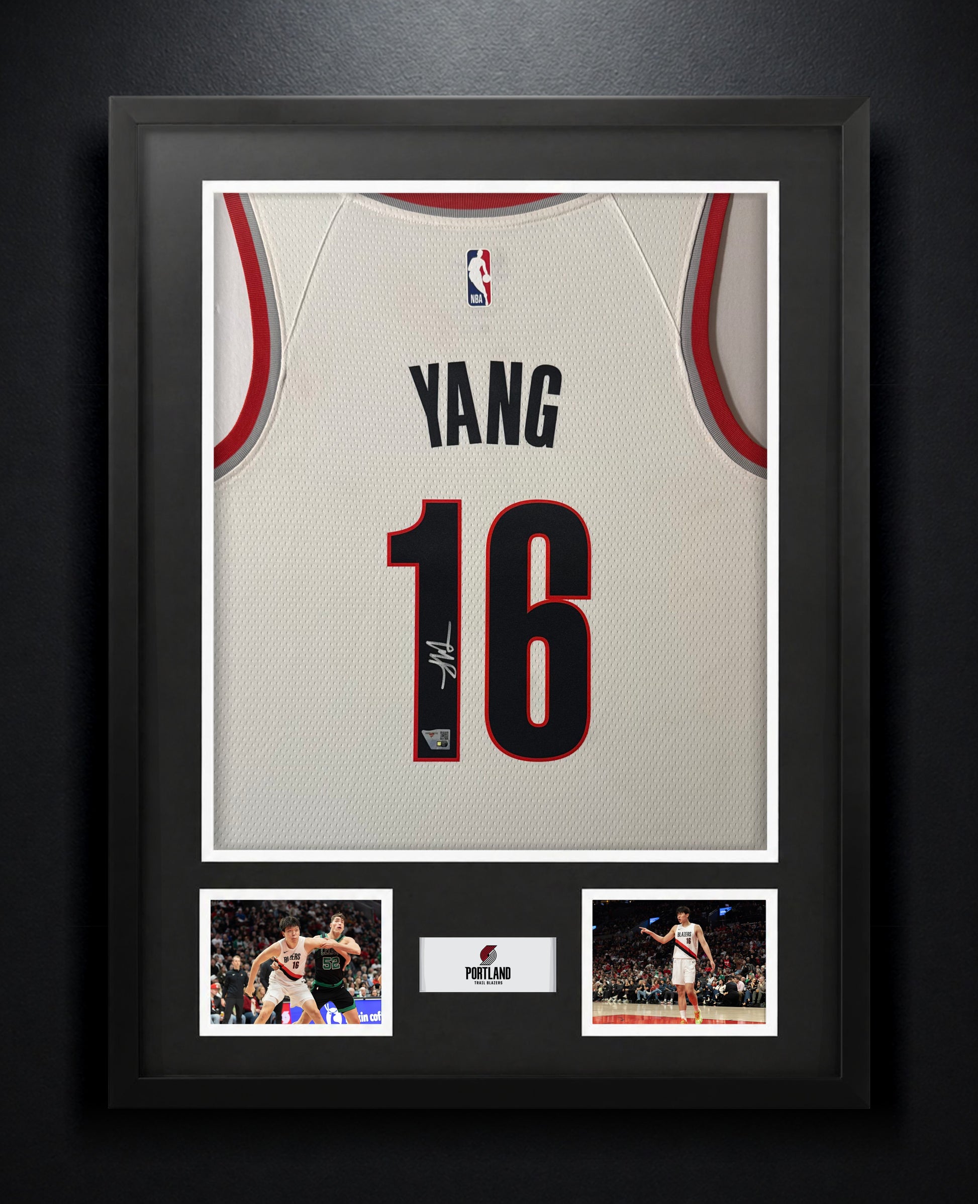 Yang Hansen Signed Portland Trail Blazers Mitchell & Ness Jersey Framed Fanatics COA - Photo of frame