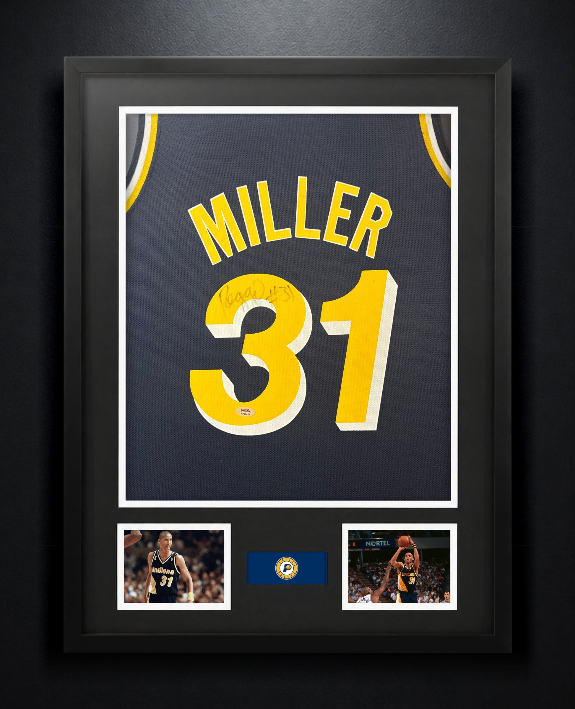 Reggie Miller Signed Indiana Pacers Jersey Framed PSA COA - Photo of frame