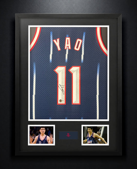 Yao Ming Signed Houston Rockets Mitchell & Ness Jersey Framed Beckett COA - Photo of frame