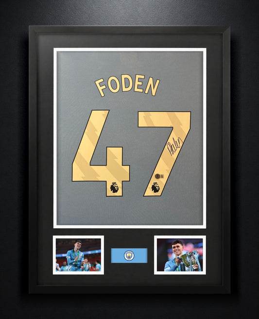 Phil Foden Signed Manchester City Puma Jersey Framed Beckett COA - Photo of frame