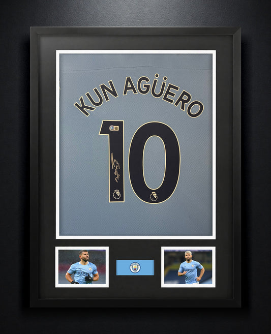 Sergio Aguero Signed Manchester City Puma Jersey Framed Beckett COA - Photo of frame