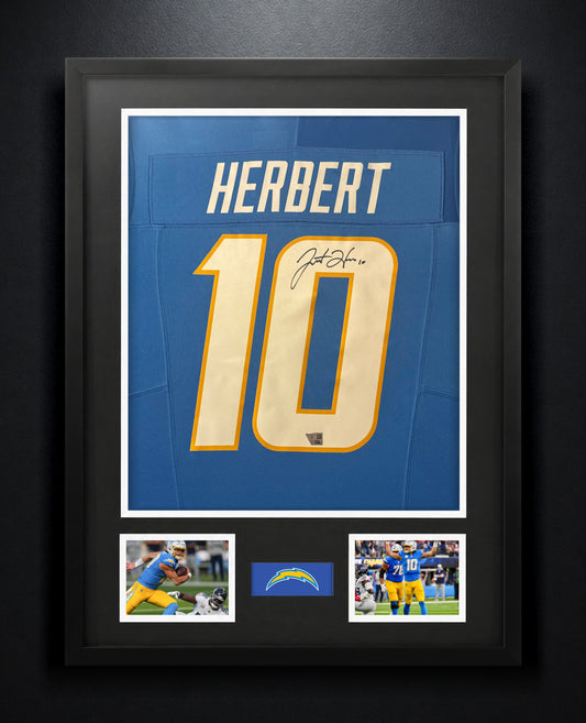 Justin Herbert Signed Los Angeles Chargers Nike Jersey Framed Fanatics COA - Photo of frame