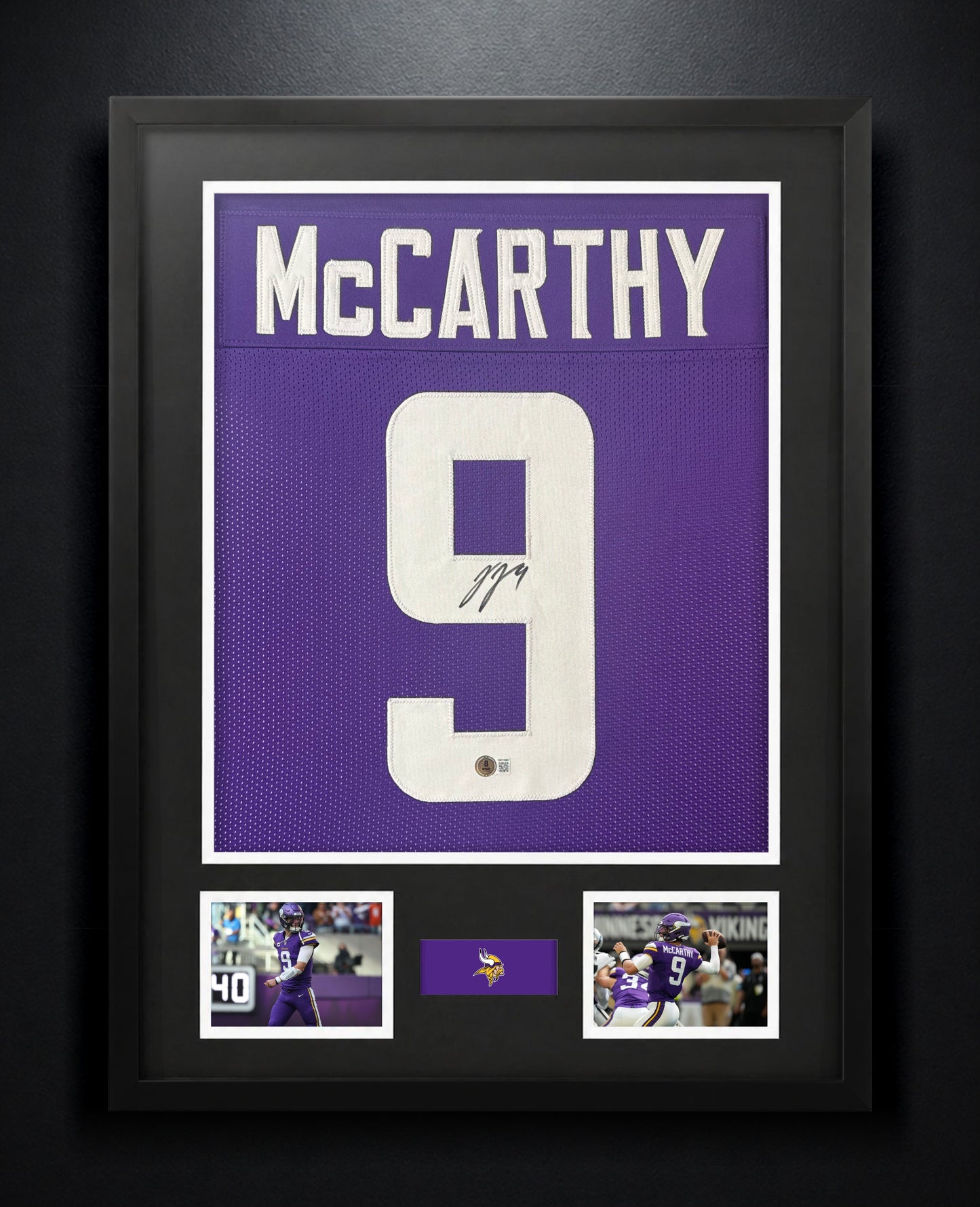 JJ McCarthy Signed Minnesota Vikings Jersey Framed Beckett COA - Photo of frame
