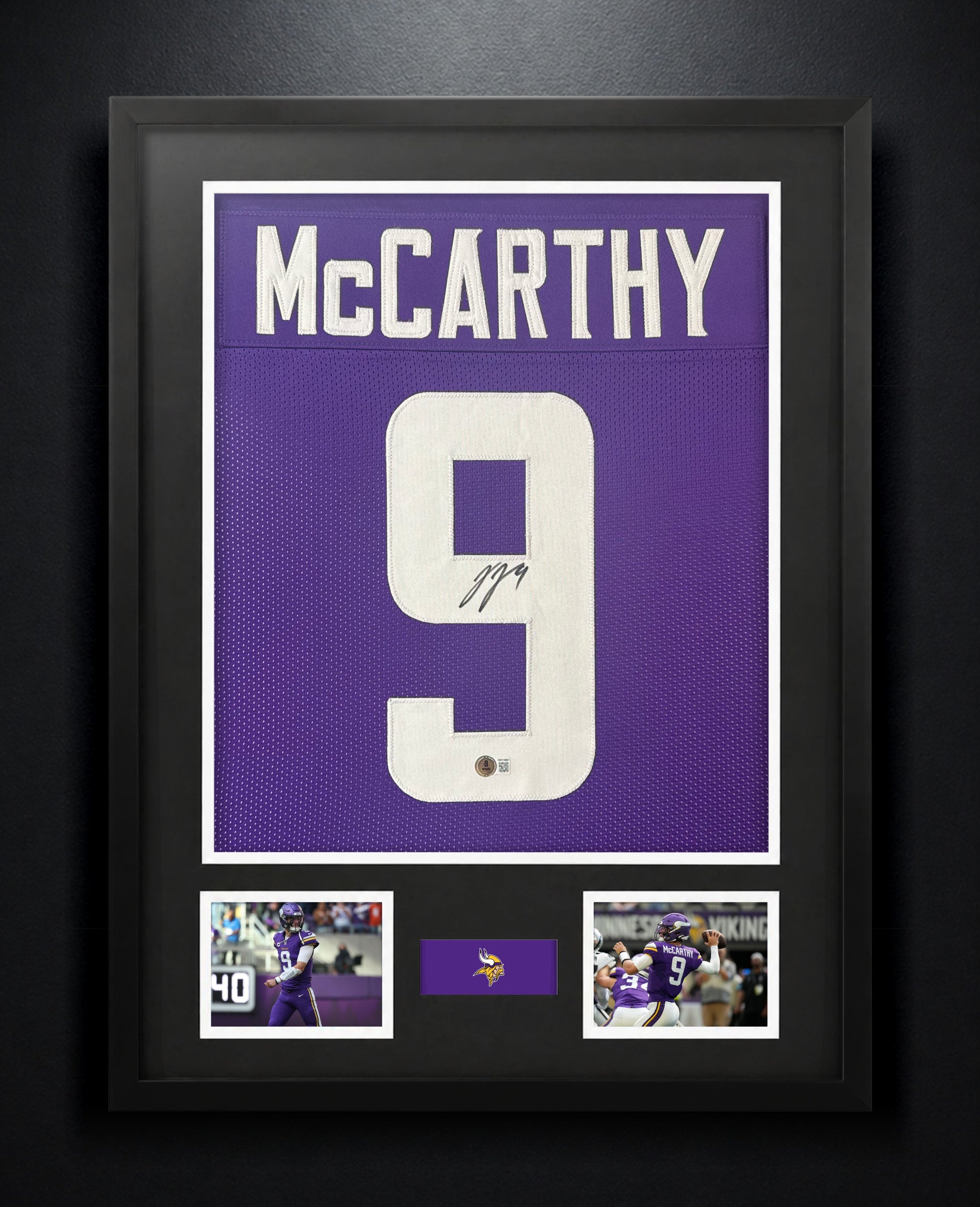 JJ McCarthy Signed Minnesota Vikings Jersey Framed Beckett COA - Photo of frame