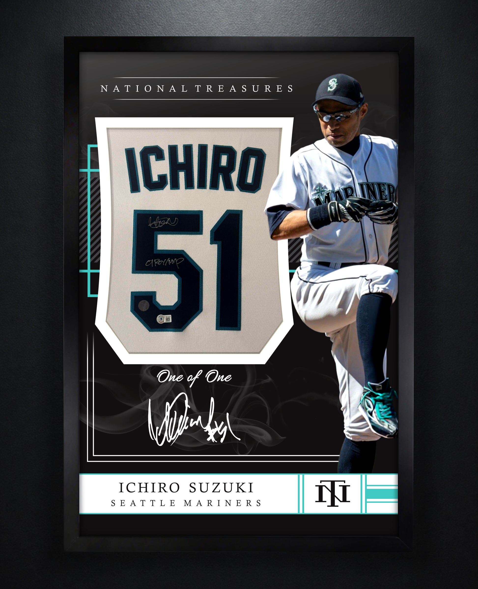 Ichiro Suzuki Signed Seattle Mariners Majestic Jersey Framed Beckett & Suzuki Holograms COA INSCRIBED - Photo of frame