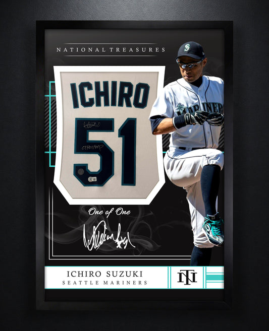 Ichiro Suzuki Signed Seattle Mariners Majestic Jersey Framed Beckett & Suzuki Holograms COA INSCRIBED - Photo of frame