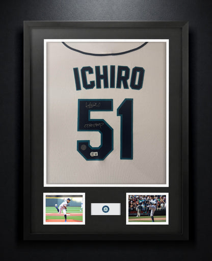 Ichiro Suzuki Signed Seattle Mariners Majestic Jersey Framed Beckett & Suzuki Holograms COA INSCRIBED - Photo of frame