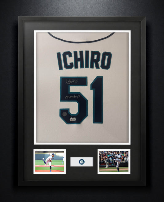 Ichiro Suzuki Signed Seattle Mariners Majestic Jersey Framed Beckett & Suzuki Holograms COA INSCRIBED - Photo of frame