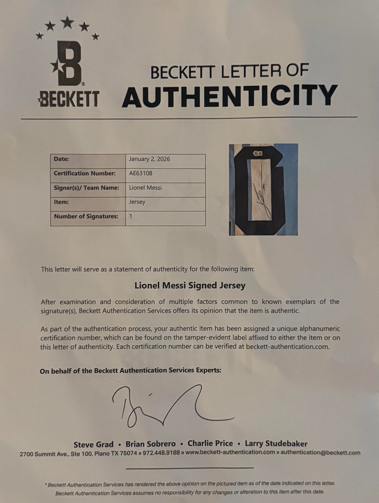 Lionel Messi Signed Argentina Adidas Jersey Framed Beckett LOA & COA - LOA photo