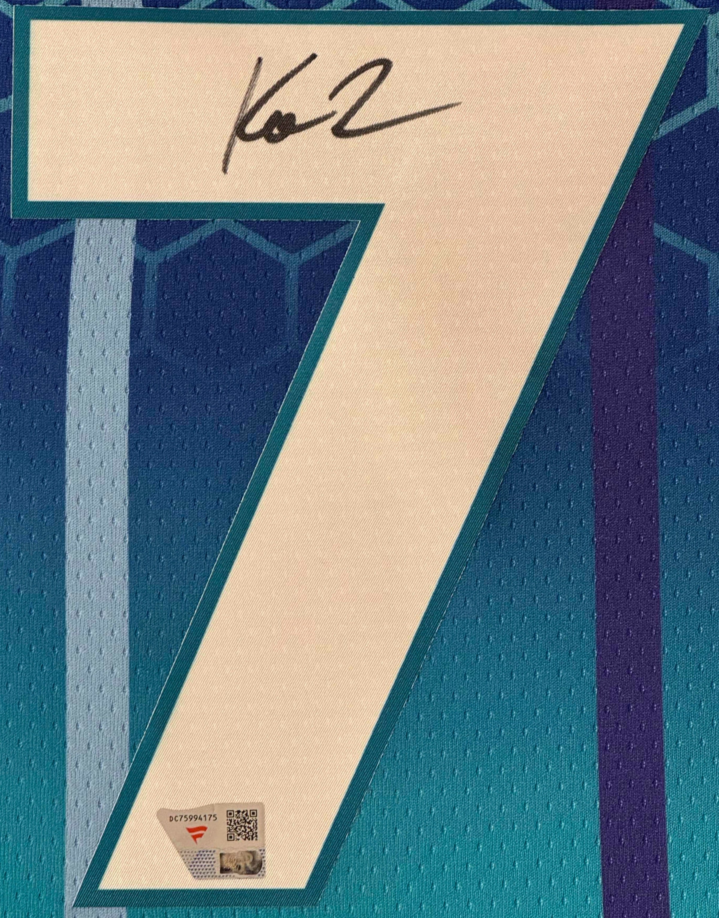 Kon Knueppel Signed Charlotte Hornets Nike Jersey Framed Fanatics COA - Close up of Number