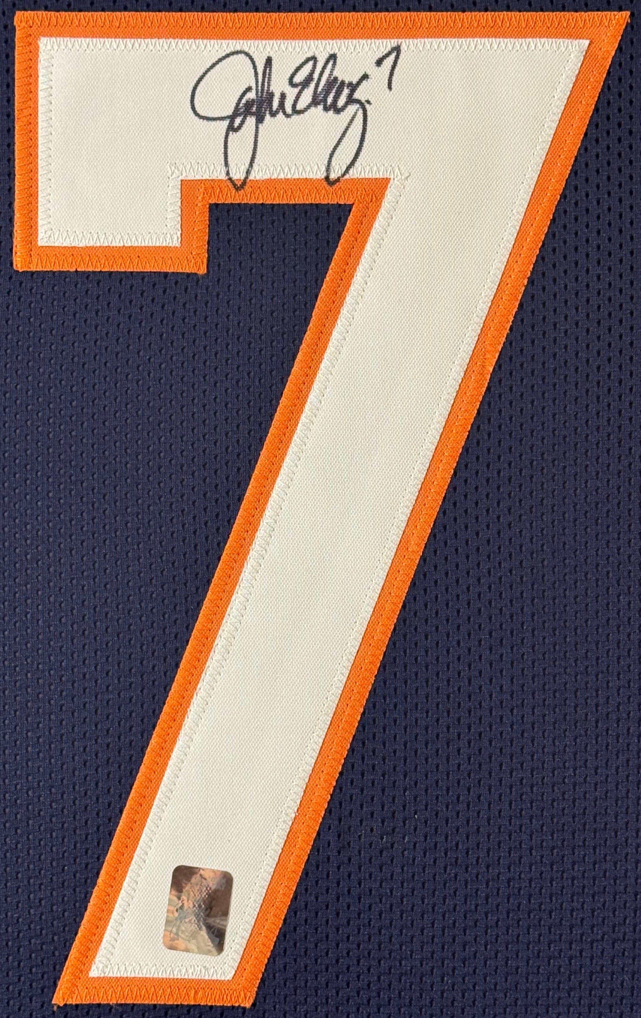 John Elway Signed Denver Broncos Jersey Framed Elway Holograms COA - Close up of Number